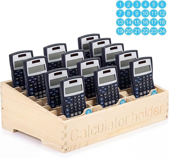 Ripeng 24 Grid Calculator Holder for Classroom with 24 Number Stickers Wooden Calculator Organizer Box Cell Phone Organizer Desktop Storage Tray Caddy for Classroom Office Meeting Room