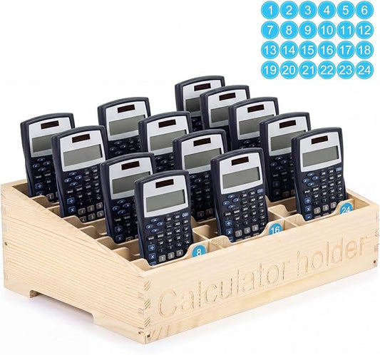 Ripeng 24 Grid Calculator Holder for Classroom with 24 Number Stickers Wooden Calculator Organizer Box Cell Phone Organizer Desktop Storage Tray Caddy for Classroom Office Meeting Room