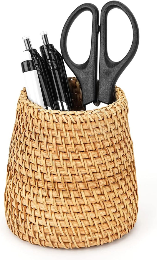Wicker Rattan Pencil Holder, Handwoven Natural Rattan Pen Cup Organizer, Natural Brown Desk Accessory for Office/Vanity/Kitchen, 1-Pack