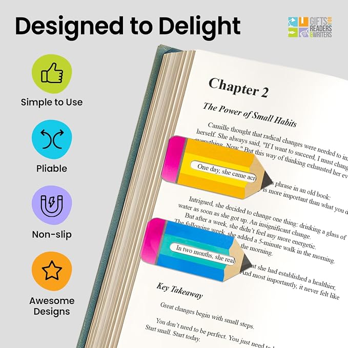 Gifts for Readers & Writers Linemarker Magnetic Bookmarks for Women & Men Pencils, Set of 2 Magnet Bookmark Clips, Magnetic Page Holder & Book Marker for Reading with Cute Bookmarks Design for Kids