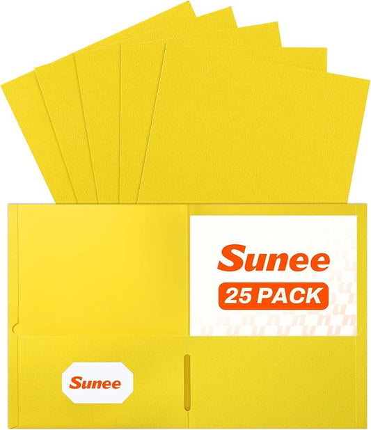 SUNEE Folders with Pockets(25 Pack, Yellow), 2 Pocket Folders Fit Letter Size Paper, Paper File Folder for School Office Home Business