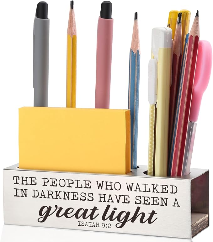 Isaiah 9:2 Bible Verse Pen and Pencil Holder, Great Light Scripture Desk Organizer, Christian Spiritual Inspirational Thank You Gifts, Stainless Steel Religious Office Decor EDP36