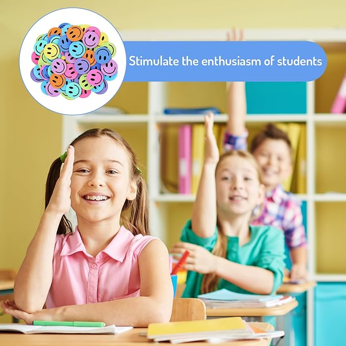 JarThenaAMCS 45 Pcs Smile Extra Tokens for Reward Jar Colorful Happy Face Wooden Cutouts with Linen Pocket 9 Colors Wooden Tokens for Back to School Student Teacher Home Classroom