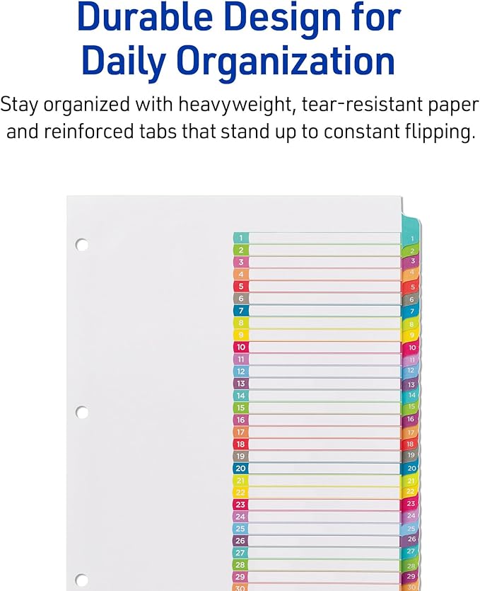 Avery 1-31 Dividers for 3 Ring Binders, 31 Tabs per Set, Customizable Table of Contents, Multicolor Arched Tabs, Great for Organizing Reports, Projects, and More (11846)