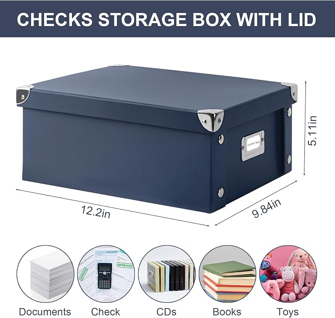 DLUGOPIS 2 Pcs Inch Checks Storage Box with Lid Document Boxes Document Bin Banker Boxes Foldable Receipt Box Storage Navy Blue Cardboard Record Boxes For Business Pesonal Books Files 12"x10"x5"