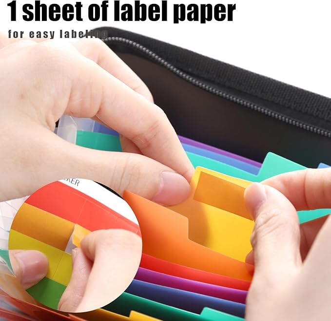 Koogel Expanding File Folder, 13 Pockets Small Accordion File Holder Organizer with Labels for Receipt Cards, Document, Zipper Closure, Bill Business, Coupons Storage, Classroom, 8.3X5.1 Inches, Black