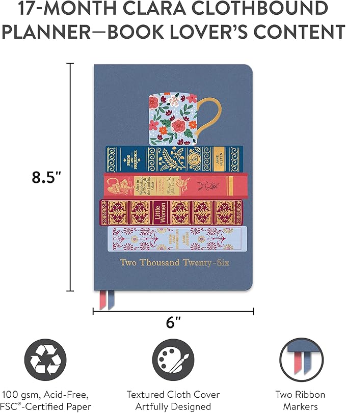 Orange Circle Studio Academic Planner 2025-2026, Fully Booked Clara, 17-Month August 2025 to December 2026, 8.75" x 6.2", Monthly & Weekly Planner, Goal & Budget Trackers, Textured Cloth Cover with Ribbon Markers