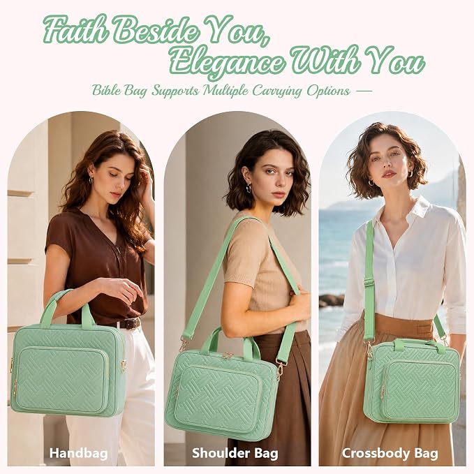 XKDOUS Bible Cover Case for Women, Quilted Large Bible Bag with Shoulder Strap, Bible Study Supplies with Highlighters, Tabs & Journaling Kit, Christian Gifts for Mom & Women (Light Green)