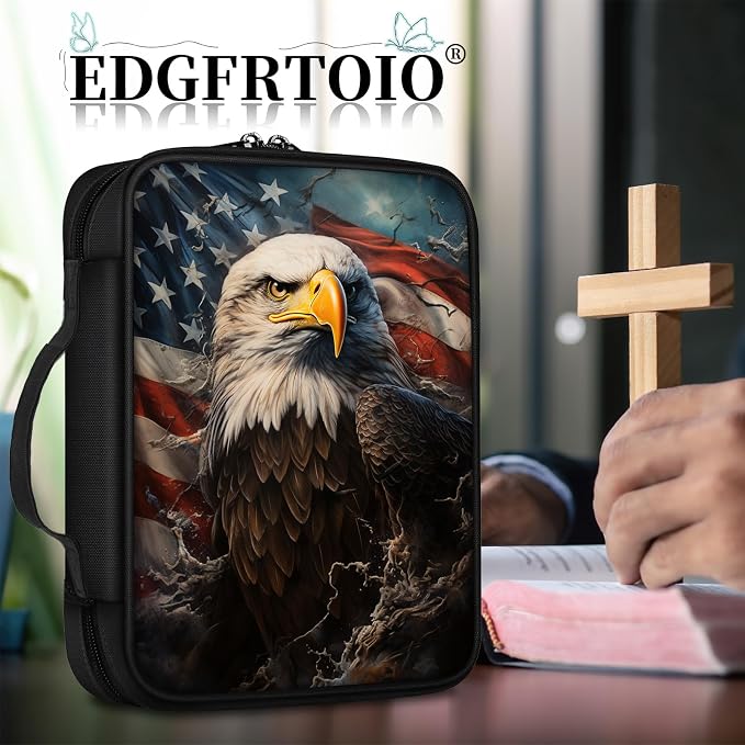 Bible Cover, Patriotic Eagle Retro Flag Case With Handle and Zippered Pocket, Standard Size Holy Bible Bag, Women Gifts, Church Bag Portable Carrying Book Case for Study
