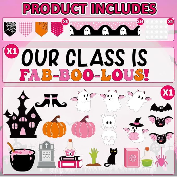 Halloween Classroom Bulletin Board Decoration Halloween Ghost Bulletin Board Set Decor Pink Black Ghost Boo Spider Cutouts Bat Castle Classroom Decoration for School Home Wall Party Decor