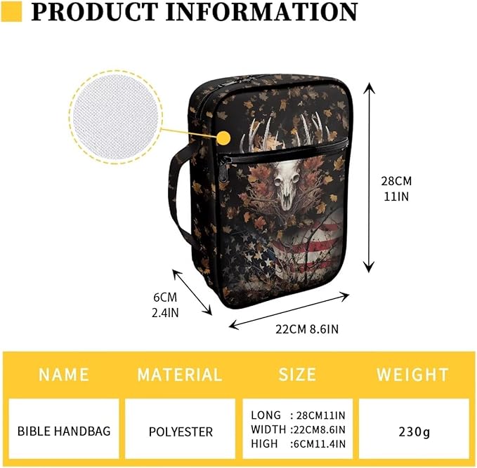 Suobstales Deer Skull Print Bible Covers for Women Men American Flag Design Bible Case Christian Bible Bag with Handle and Zippered Pocket Carrying Book Case