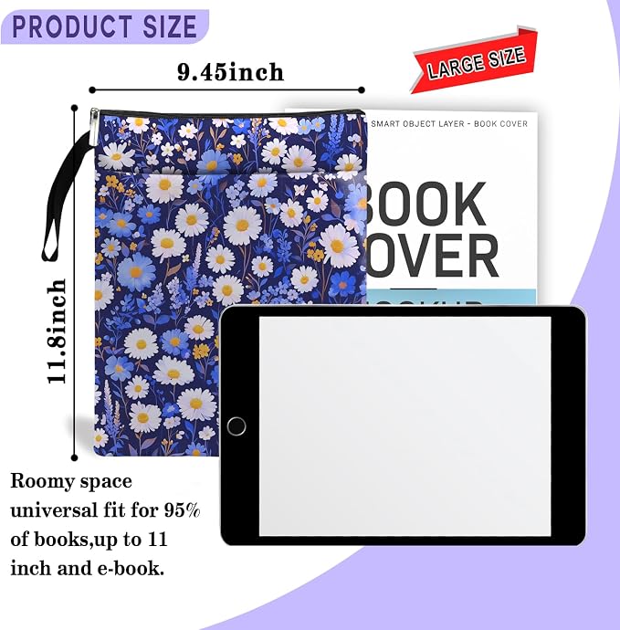Flower Pattern Book Sleeve,Book Lovers Gifts Waterproof Book Cover for paperbacks with Zipper and Front Pocket Book Pouch for Women Teacher Birthday Graduation Christmas Gifts (Wildflower1605)