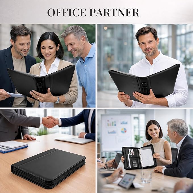 3-Ring Padfolio Portfolio Organizer Binder,Faux Leather Interview Resume Folder,Letter Size A4 Legal Writing Pad Holder for Business School Office Conference Notepad Clip Boards (Black)