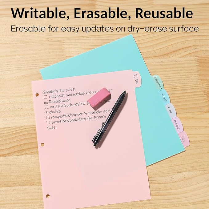 Sooez 8 Tabs Long-Lasting Plastic Write & Erase Large Tabs Dividers for 3 Ring Binder, Aesthetic Cute Pastels Binder Dividers for Student, Teacher, Office, Home Organizers, 3 Sets, Muted