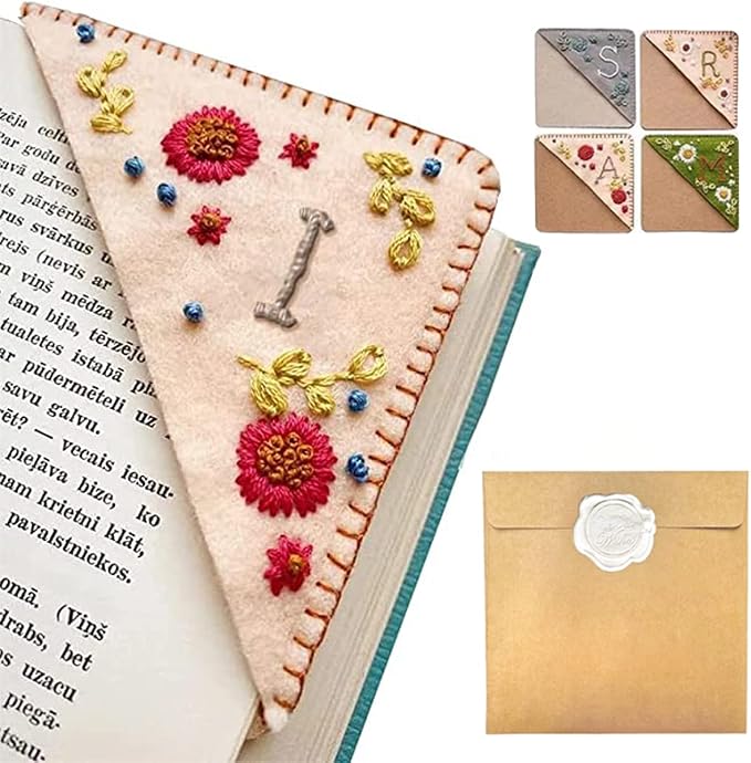 Personalized Hand Embroidered Corner Bookmark, 26 Letters Hand Stitched Felt Corner Letter Bookmark, Cute Flower Embroidery Bookmarks for Book Reading Lovers Meaningful Gift (Fall，I