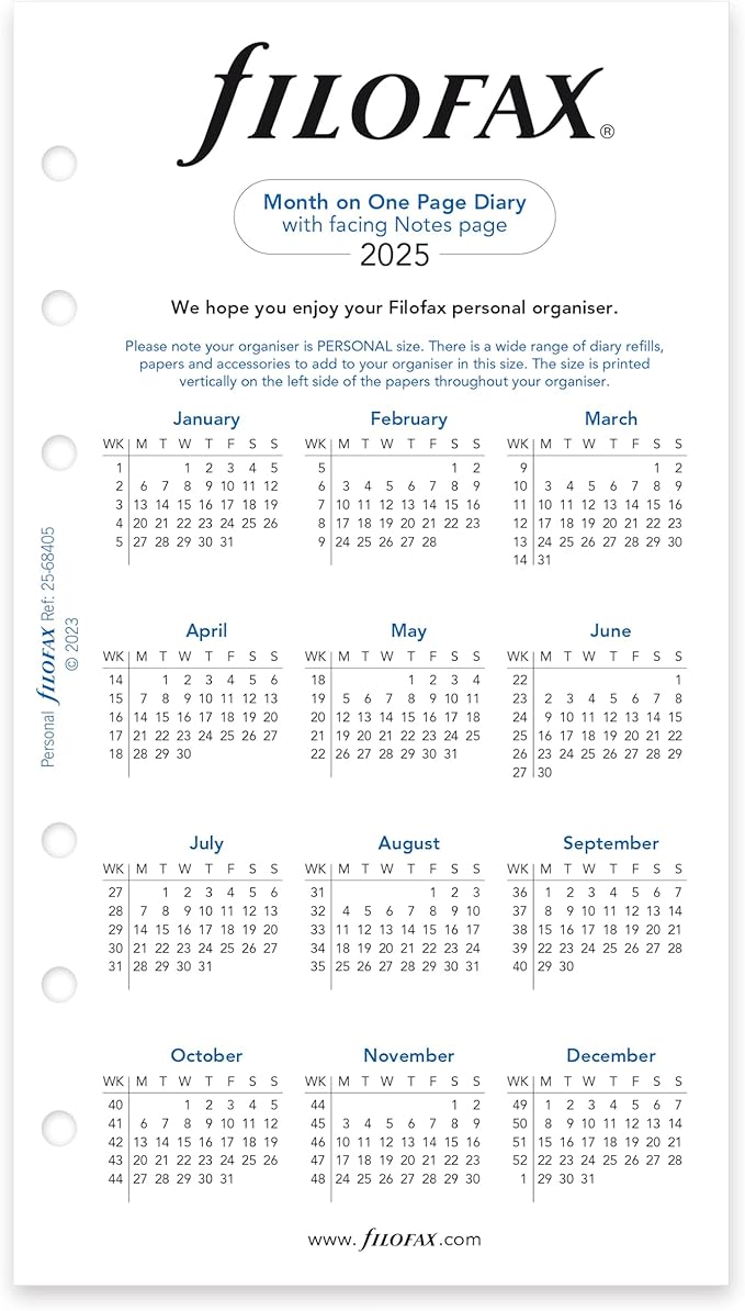 Filofax Calendar Diary Refill, Personal/Compact Size, Month on One Page with Notes, Horizontal, White Paper, English, 2025 (C68405-25)