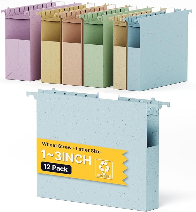 XINGIA Hanging File Folders Letter Size,1'' & 2'' & 3''Expandable File Cabinet Folders with Tabs,Extra Capacity Plastic Hanging File Organizer,12 Pack Pastel Wheat Straw Hang Folder for Office School