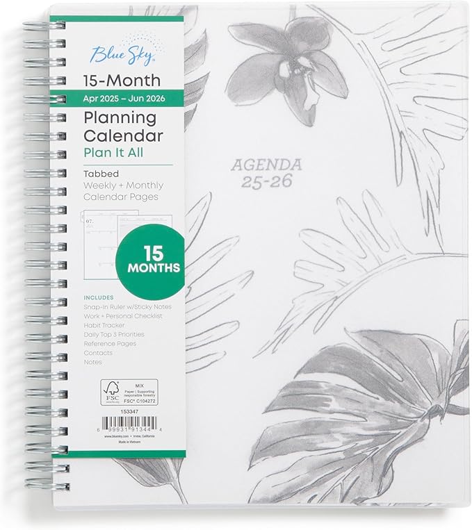 Blue Sky 15 Month 2025-2026 Weekly and Monthly Academic Year Planner Calendar, April 2025 - June 2026, 7" x 9", Flexible Cover, Wirebound, Laminated Tabs, Includes Ruler & Sticky Notes, Tropical