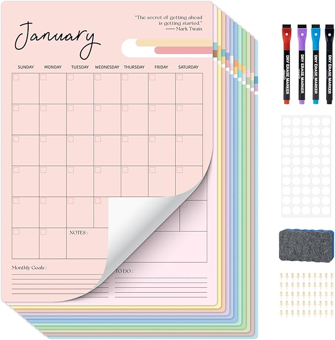 Ospelelf Undated Dry Erase Wall Calendar 12 Month, 12" x 17" Laminated Calendar Monthly Office Calendar 2026, 12 Sheets