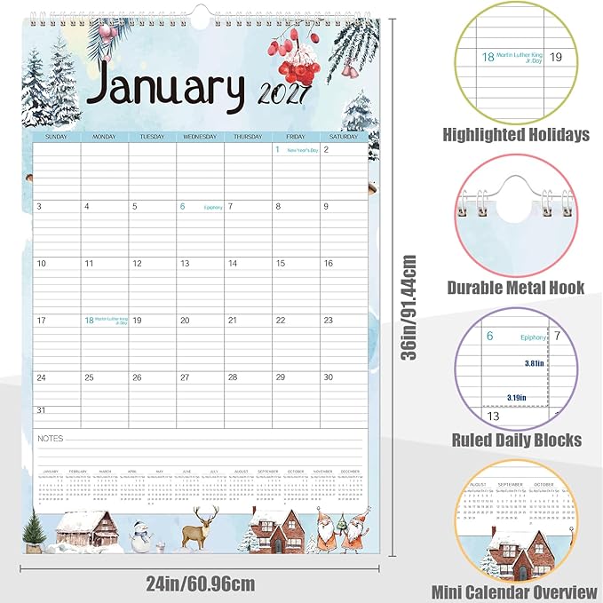 GuassLee Extra Large Wall Calendar 2026,36"x 24" Vertical Jumbo Hanging Wall Planner, 19-Month Aesthetic Large Calendar Jun. 2026 to Dec. 2027 with Thick Paper Watercolor Design for Easy Organizing