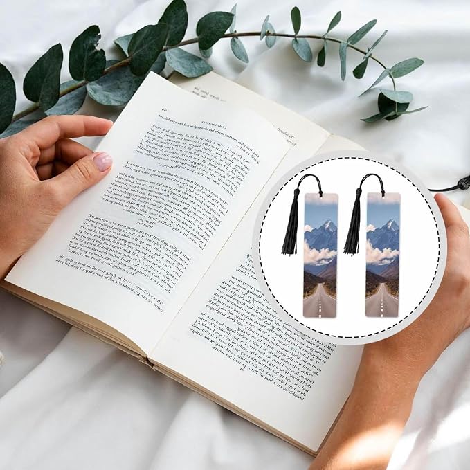 Mountain Road 5 Pcs Bookmarks Blue Sky Clouds Beautiful View Wooden Bookmarks with Tassel for Students Reader Teachers Book Lovers