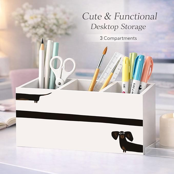 Dachshund Wooden Desk Organizer, Cute Sausage Dog Design Pen Pencil Holder with 3 Compartments, Decorative Office Supply Storage Box for Desk, Home, Office, Gift for Dog Lovers