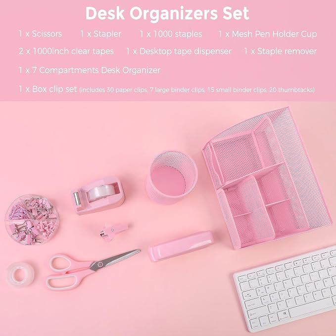 SKYDUE Pink Desk Accessories, Pink Office Supplies Set, Mesh Desk Organizer, Stapler, Tape Dispenser, Scissors, Binder/Paper Clips and 1000pcs Staples, Desk Organizer for Women, Gifts