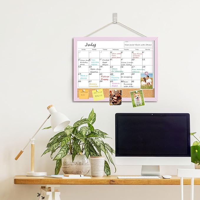 Dry Erase Calendar Cork Board Combo, 17x13 Inches Calendar Whiteboard for Wall, Small Magnetic White Board with Pink Wood Framed, Dry Erase Board for Planner Office Kitchen Home Memo