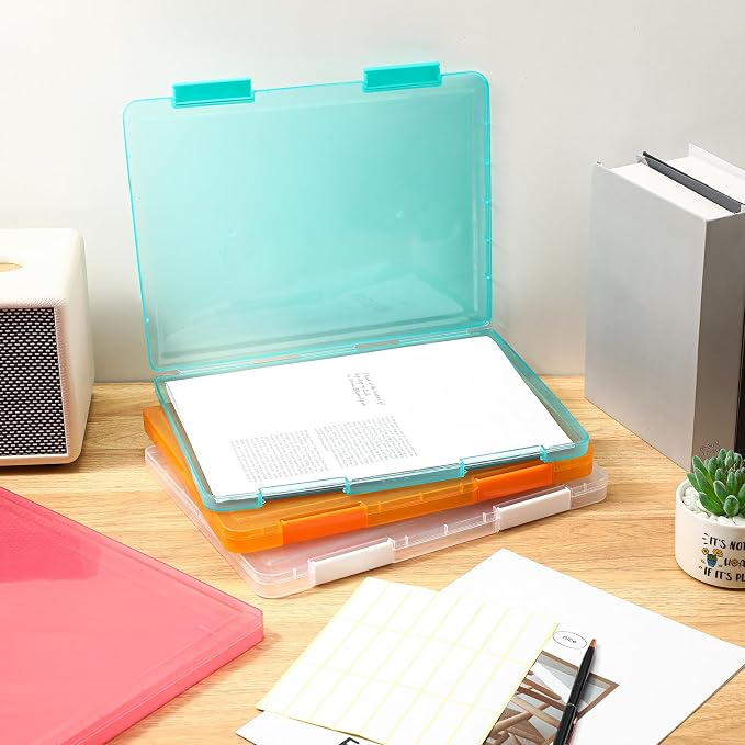 Affrolling 4 Pack A4 Paper Organizer Box File Box Plastic Paper Storage Container Colorful Transparent Document Project Case for 8. 5" x 11" Us Letter Scrapbook Magazine Protector Office Supplies