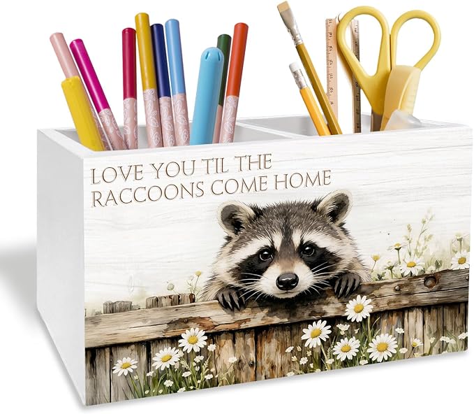 Farmhouse Daisy Floral Raccoon Pen Holder for Desk, Raccoon Lover Gifts Pencil Organizer, Funny Trash Panda Wooden Box Sign Desk Decor for Kids Girls Room Nursery Decoration
