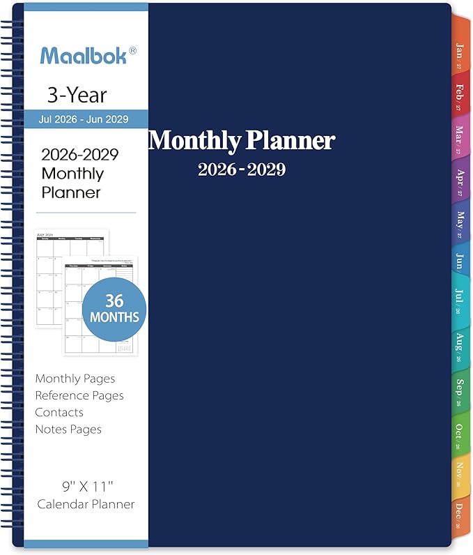 2026-2029 Monthly Planner/Calendar - 3 Year Monthly Planner 2026-2029, Jul 2026 - Jun 2029, 9'' x 11'', Calendar Planner with 36 Months Tabs, Double-Side Pocket, Holidays, Notes Pages-Blue
