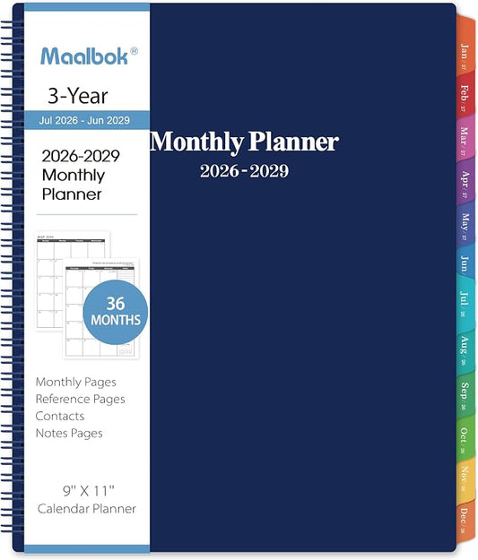 2026-2029 Monthly Planner/Calendar - 3 Year Monthly Planner 2026-2029, Jul 2026 - Jun 2029, 9'' x 11'', Calendar Planner with 36 Months Tabs, Double-Side Pocket, Holidays, Notes Pages-Blue