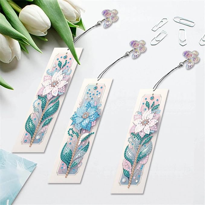 3pcs Flower Diamond Art Bookmarks,Flowes Diamond Painting Bookmark Kits for Adult,DIY Gem Art Small Crafts with Rhinestone Tassel,Paint by Diamonds for Graduation Birthday Reader Gifts (flower-023)