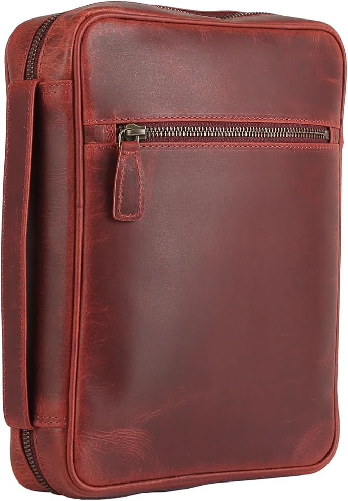 Leather Bible Cover for Men & Women – Zippered Bible Case with Handle, Note & Pen Organizer – Fits Large Study Bible – 11.5x8.5 Inch (Red)