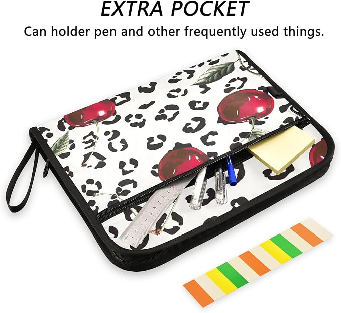 ALAZA Cherry Leopard Spots Expanding Filing Folder, 13 Pockets Expandable Document Organizer Folder with Zipper Closure for Home Office A4 Letter Size Paper Document