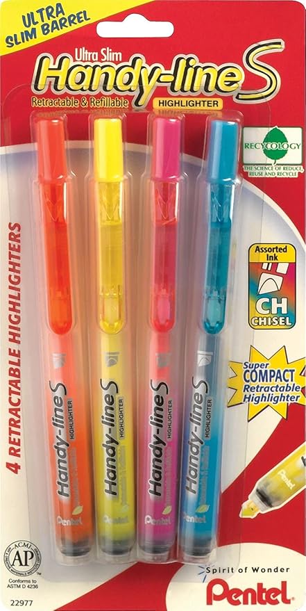 Pentel Handy-Line S Retractable Highlighter, Chisel Tip, Assorted Ink Colors, 4/ Pack (SXS15BP4M)