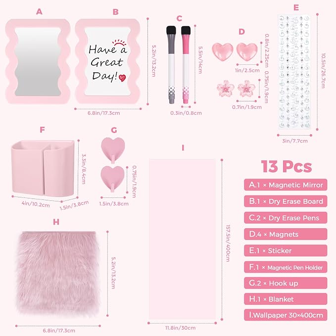 SKYDUE Locker Accessories Kit for Girls - Includes Rug, Wallpaper, Magnetic Mirror, Whiteboard, Pen Holder, Magnets, Stickers and Hooks, Pink Locker Decor & Organizer Set, Set 14 Piece