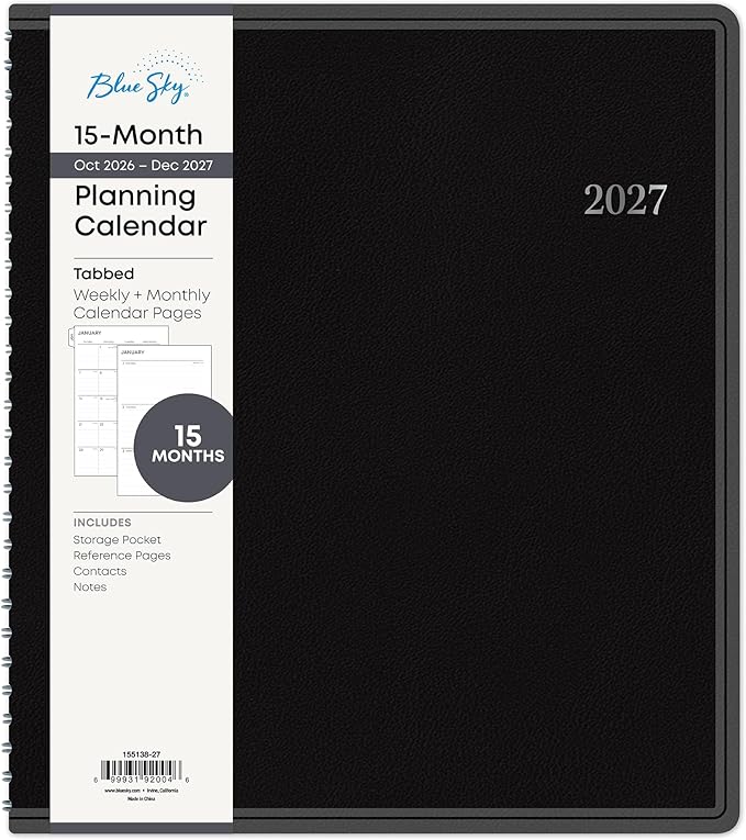 Blue Sky 2027 15-Month Monthly Planner Calendar, October 2026 - December 2027, 8” x 10”, Durable Faux Leather Cover, Laminated Tabs, Concealed Wirebound, Storage Pocket, Enterprise