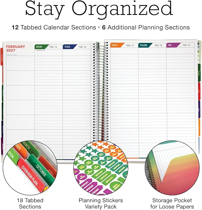 DELUXE TEACHER PLANNER Aug 2026-Jul 2027 8.5x11 Daily Weekly Monthly Organizers with 7 Periods, Pocket Folder, Dated Calendar, Page Tabs, Bookmark and Planning Stickers (Tree Seasons)