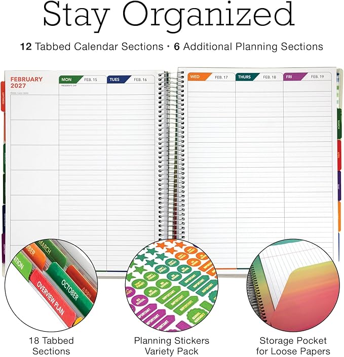 DELUXE TEACHER PLANNER Aug 2026-Jul 2027 8.5x11 Daily Weekly Monthly Organizers with 7 Periods, Pocket Folder, Dated Calendar, Page Tabs, Bookmark and Planning Stickers (Teal Gold Marble)
