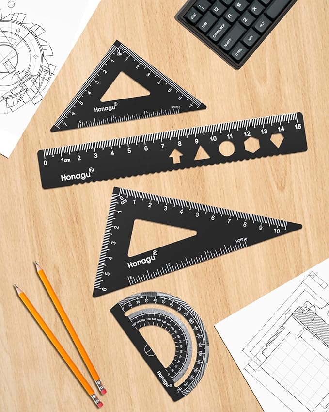 Honagu Triangular Ruler Set, 4 PC Metal Drafting Ruler, Geometric Protractor, Measuring Drawing Tool for Students, Teachers, Draftsmen, Engineers, Home School Office Supplies (15cm/5.9inches, Black)