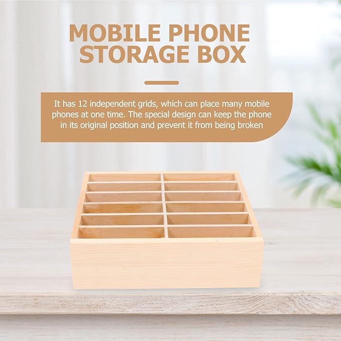 SEWACC Wooden Cell Phone Storage Box 2 Pack 12 Grid Organizer Box Mobile Phone Storage Organizer for Classroom Home Office Desktop Use