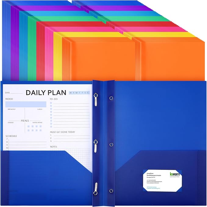 Cholemy 104 Packs Pocket Folders with Prongs Heavy Duty Plastic Folder with Business Card Slot 3 Prong Fasteners for School Office (Cute)