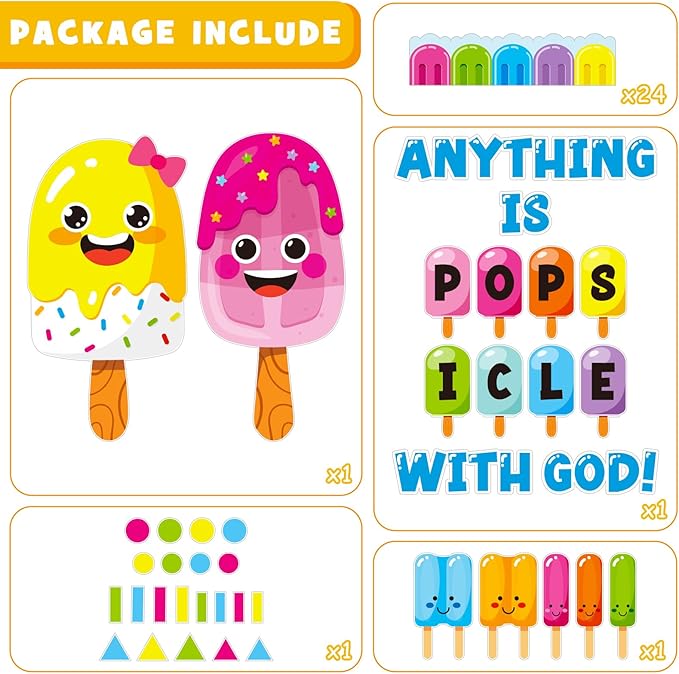 Summer Ice Pop Bulletin Board Decorations Set, Christian Sunday School Classroom Decoration Religious Sweet Colorful Popsicle Cutouts May June Library VBS Church Window Wall Decor for Teacher
