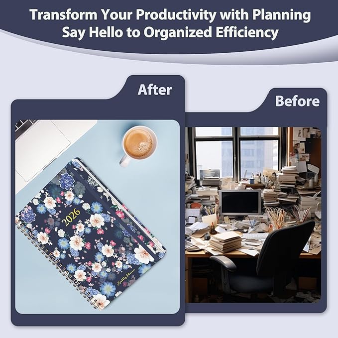 2026 Planner, Weekly and Monthly Calendar Planner, Academic Daily Agenda (Jan 2026 - Dec 2026), Hardcover Planning Notebook for Office Accessories and School Supplies, Blue Flower