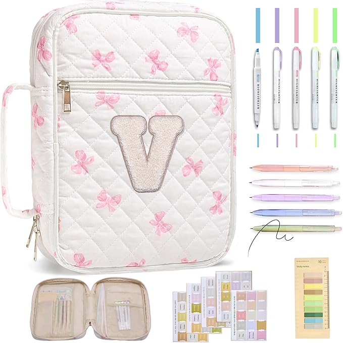 Personalized Initial Bible Cover Case for Women – Large Quilted Bible Bag with Handle, Chenille Letter, Bible Study Kit, Christian Gift for Mom, Grandma & Daughter (Pink Bow-V)