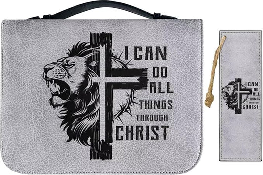 Vintage Cross and Lion Bible Case with Bookmark Waterproof Bible Cover Case for Women Lightweight Bible Bag with Handle Pockets Church Book Bag Grey