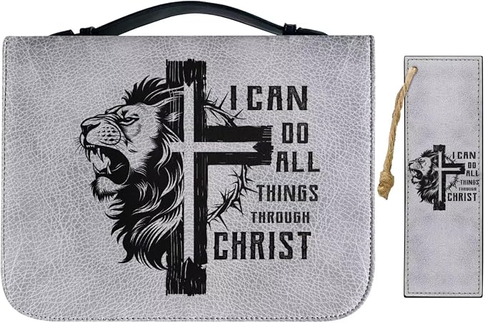 Vintage Cross and Lion Bible Case with Bookmark Waterproof Bible Cover Case for Women Lightweight Bible Bag with Handle Pockets Church Book Bag Grey