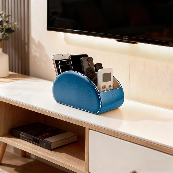 BONNY DODO Remote Control Holders Organizer Box with 5 Compartment PU Leather Multi-functional Office Desk Storage Caddy Store (Pacock blue)