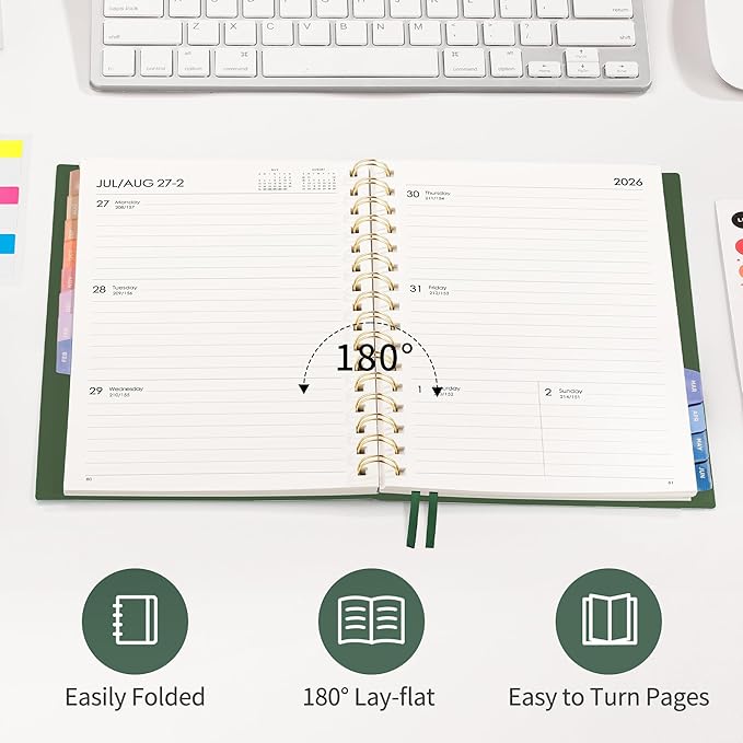 RETTACY Academic Planner 2026-2027, Weekly and Monthly, July 2026 - June 2027, Medium Size (5.7" x 8.3"), Calendar, Agenda, 12-Month Tabs, for Student, Teacher, School (Dark Green)